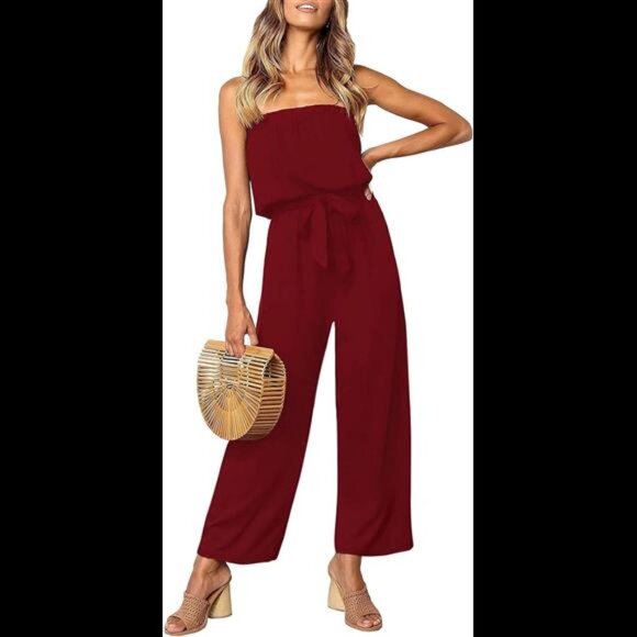 Women's Off Shoulder Solid Color Strapless Belted Wide Leg Jumpsuit Romper